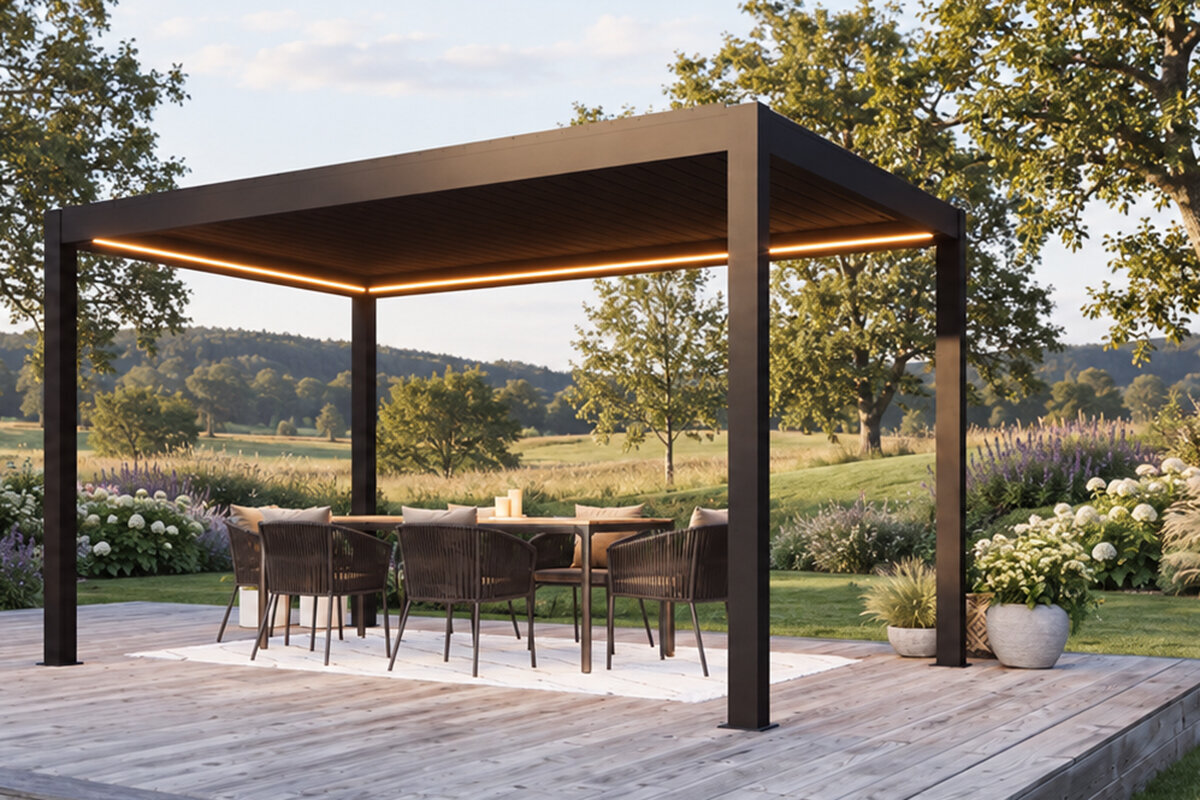 Støy fra bioklimatisk pergola i regn og vind