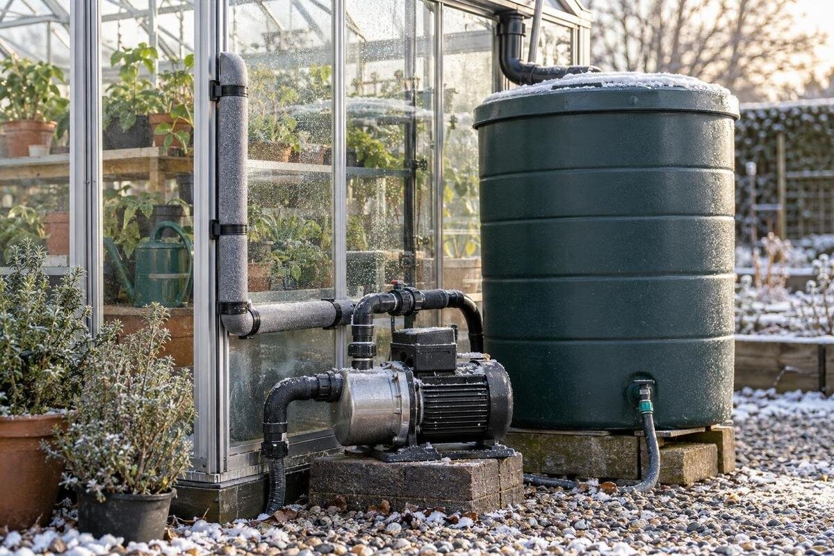Vinterklargjør rør, pumpe og tank i drivhuset