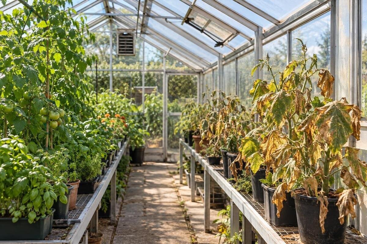 Hvorfor blir plantene svidd på én side av drivhuset?