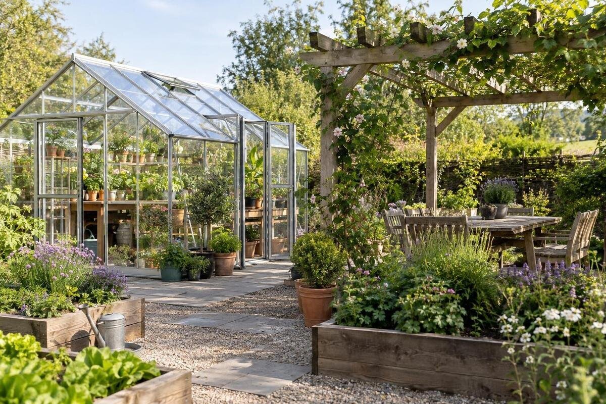 Drivhus og pergola med tydelige soner