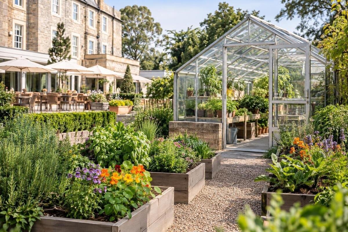 Drivhus til hotellhage med urter og spiselige blomster