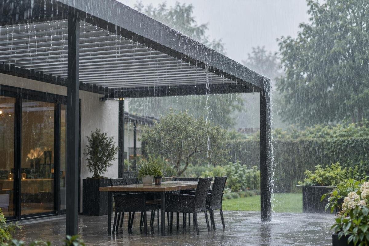 Hvor tett er en lamellpergola i kraftig regn?