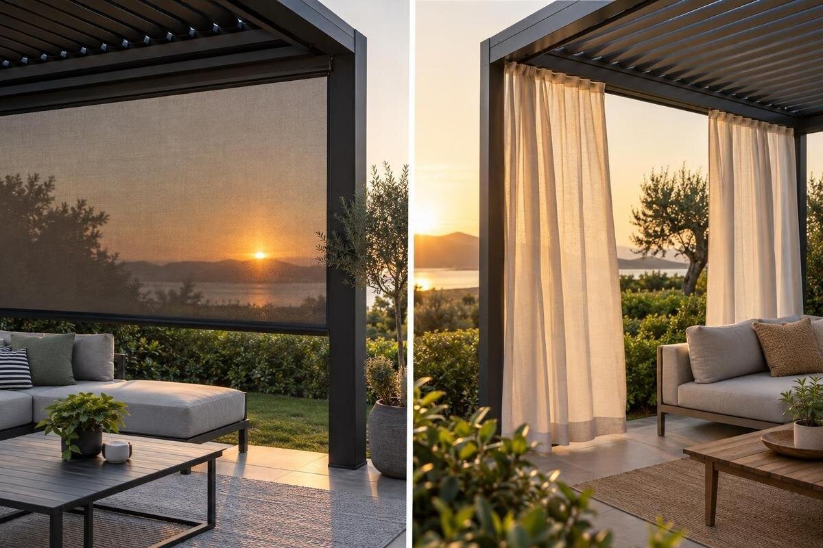 Velg mellom ZIP-screen og utegardiner til pergola