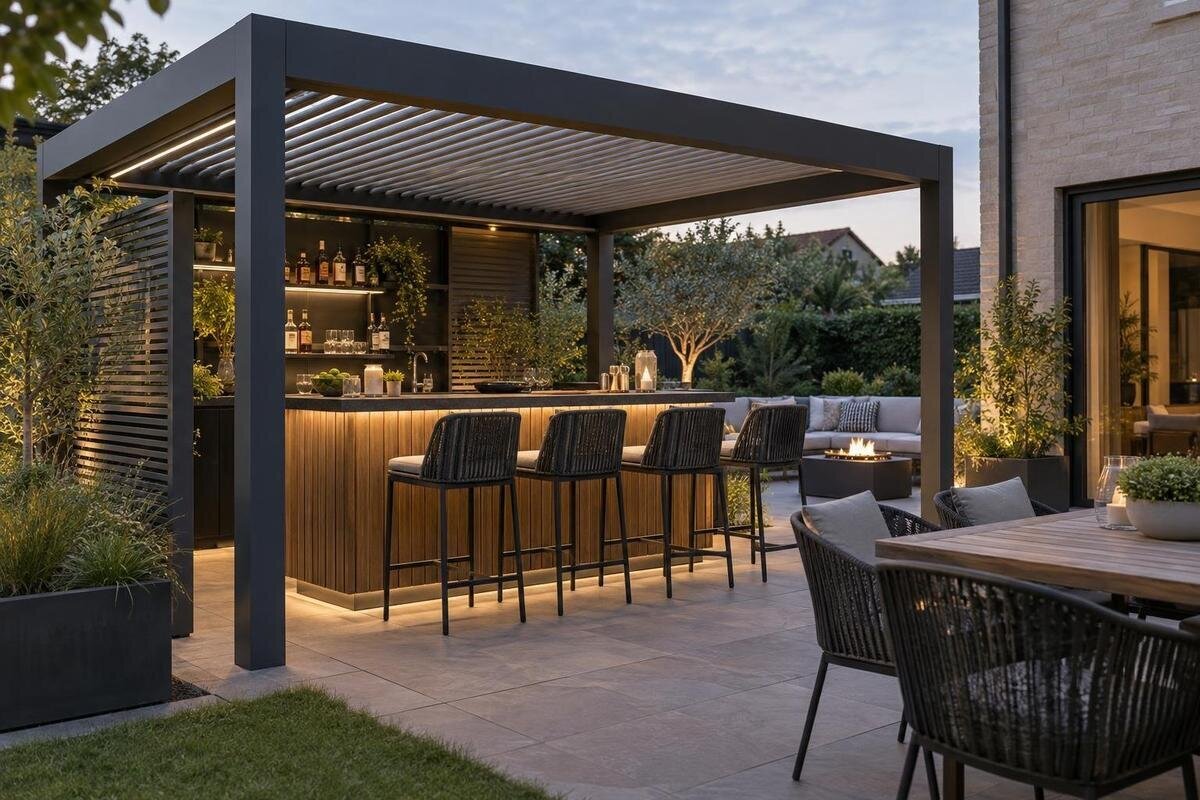 Pergola ved hagebar: planlegg plass og flyt