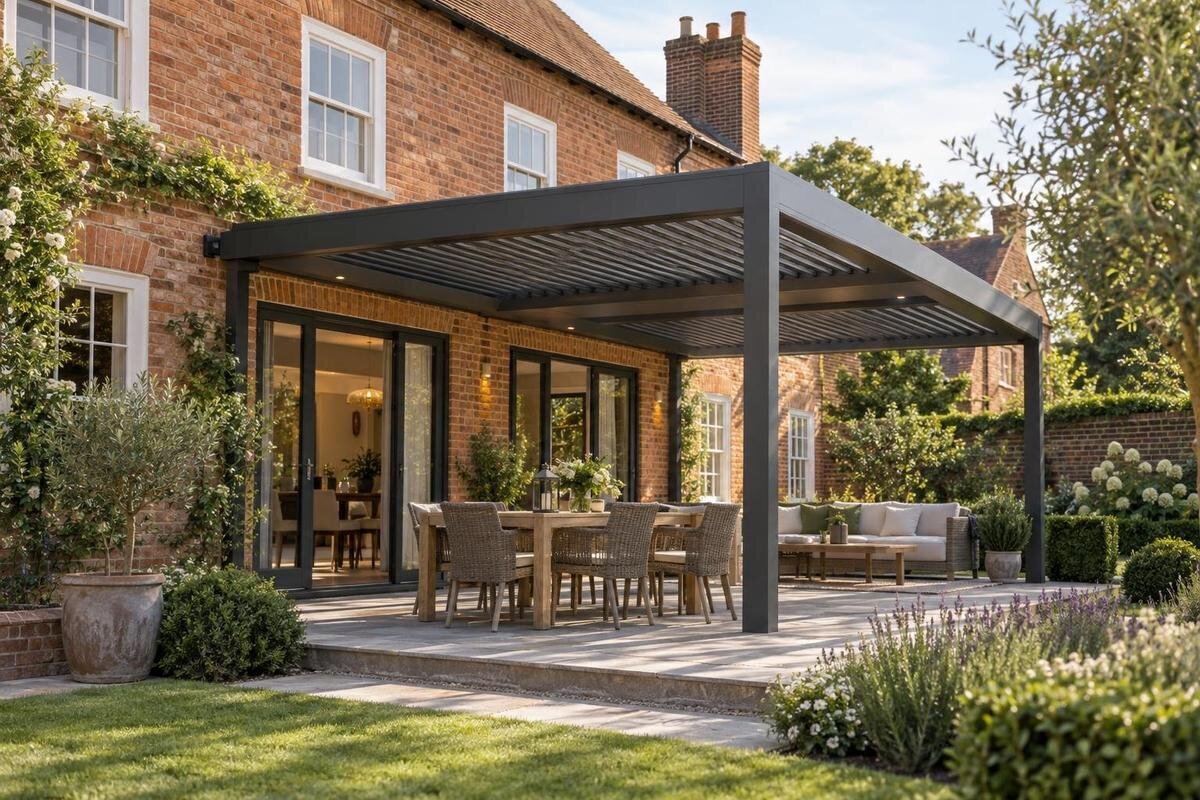 Pergola ved tradisjonelt teglhus: finn riktig uttrykk