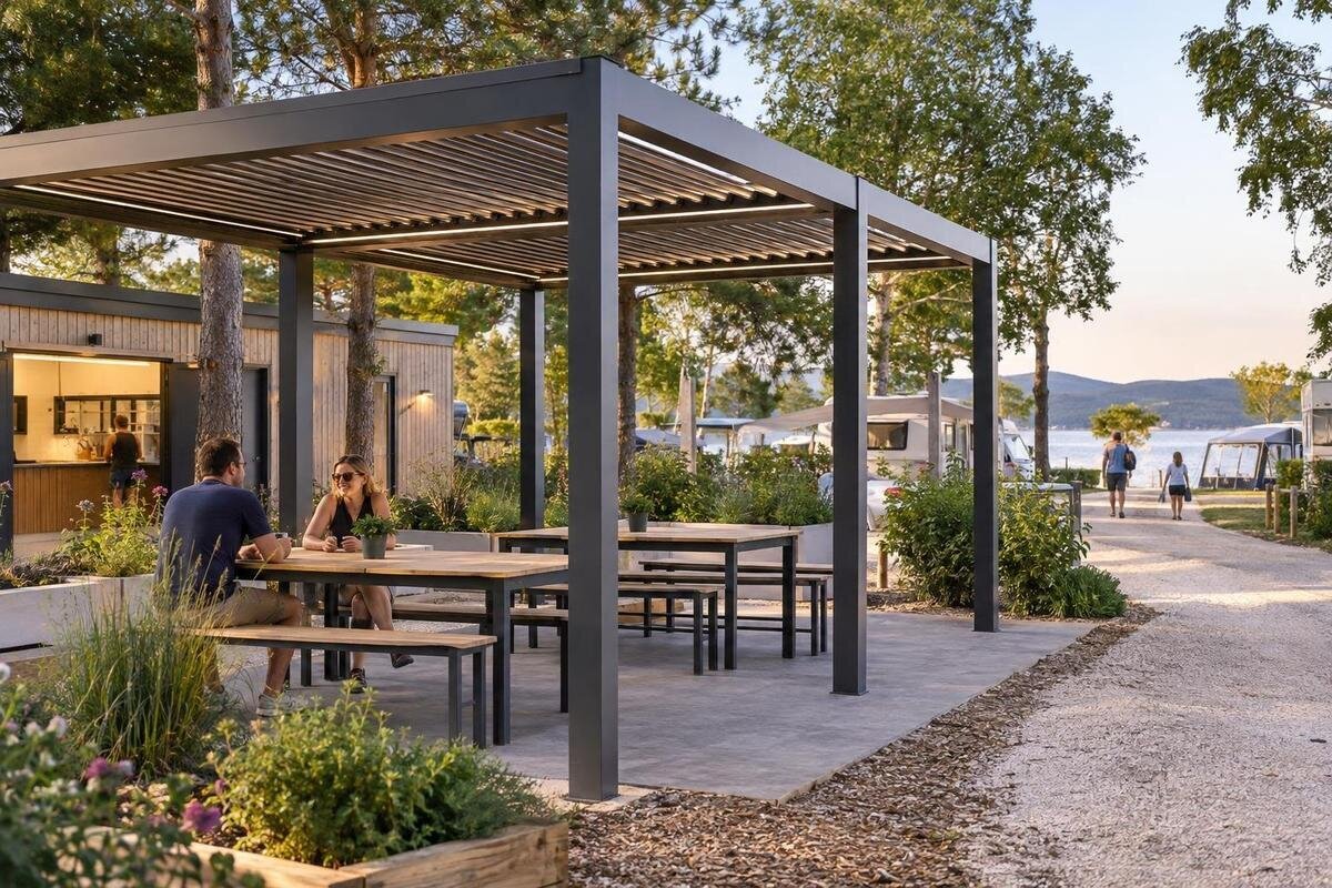 Slik planlegger du pergola på campingplassens fellesareal