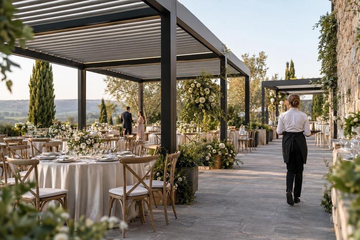 Pergola ved bryllupslokaler: Plan for gjesteflyt og servering