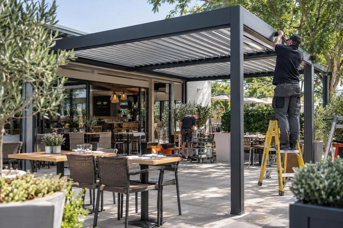 Montering av pergola mens bedriften er i drift